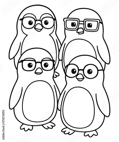 A black and white coloring page featuring adorable penguins delivering letters (with hearts on them) to a polar bear