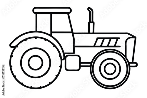 Outlined Illustration of a Tractor with Large Tires and Cabin Design Showing Details
