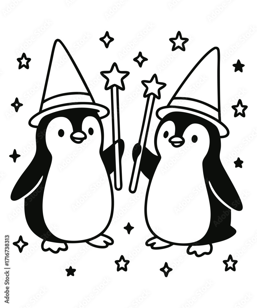 Obraz premium A black and white coloring page featuring adorable penguins delivering letters (with hearts on them) to a polar bear