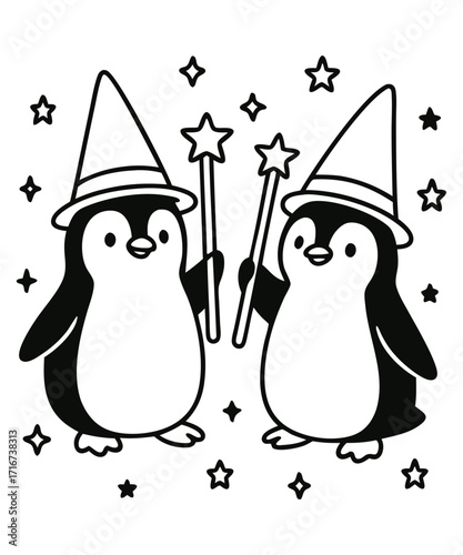 A black and white coloring page featuring adorable penguins delivering letters (with hearts on them) to a polar bear