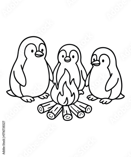 A black and white coloring page featuring adorable penguins delivering letters (with hearts on them) to a polar bear