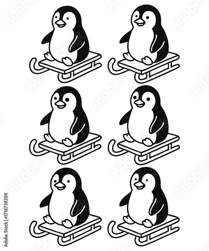 A black and white coloring page featuring adorable penguins delivering letters (with hearts on them) to a polar bear