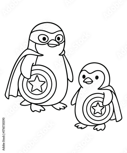 A black and white coloring page featuring adorable penguins delivering letters (with hearts on them) to a polar bear