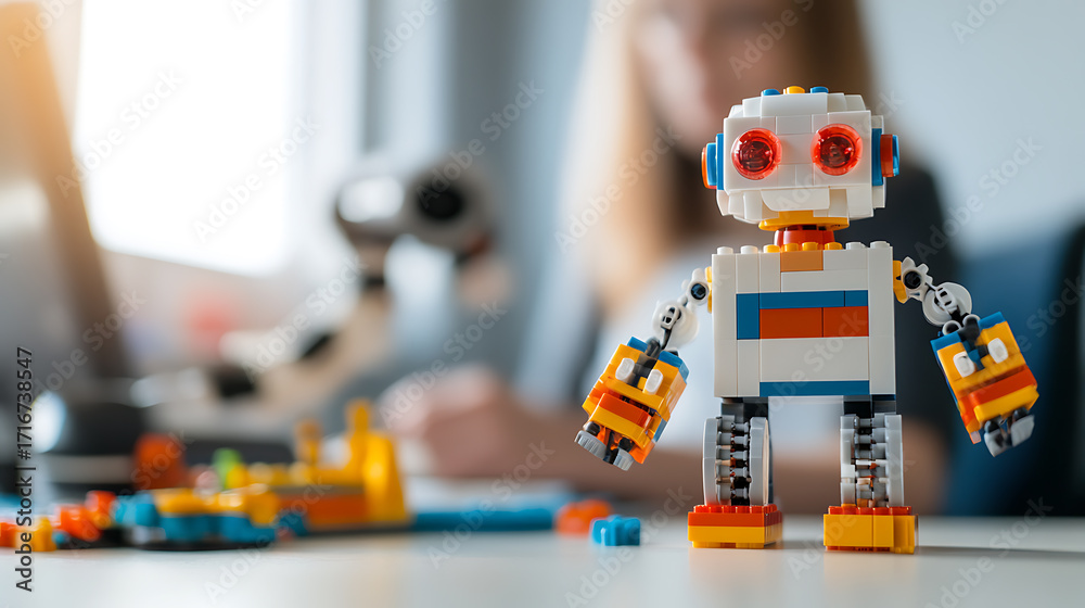 Fototapeta premium Colorful building block robot, designed with vibrant red eyes, stands on a light surface with other pieces in the background, suggesting a playful, creative atmosphere.