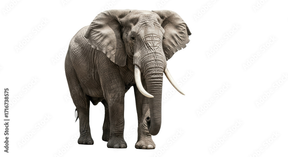 Fototapeta premium Adult African elephant bull with large tusks and wrinkled grey skin, walking forward against a stark white studio background with dramatic lighting, concept of powerful wildlife and natural grandeur