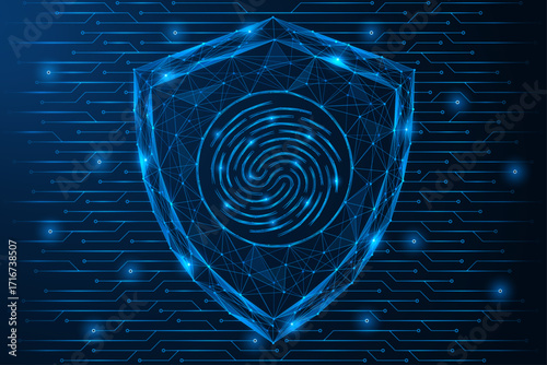 Biometric cyber protection. A digital shield with a fingerprint. The concept of identity identification and secure access. Polygonal design of interconnected elements, blue background.