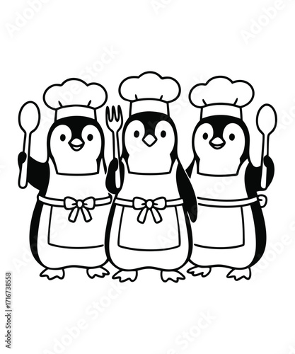 A black and white coloring page featuring adorable penguins delivering letters (with hearts on them) to a polar bear
