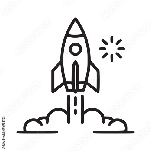 Vector art of rocket launch icon a sleek, minimalist line drawing of a rocket taking off, symbolizing startup, innovation, and progress, with smoke trails and a burst of energy
