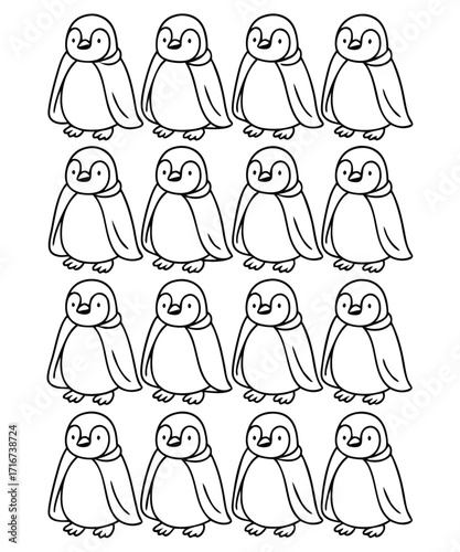 A black and white coloring page featuring adorable penguins delivering letters (with hearts on them) to a polar bear