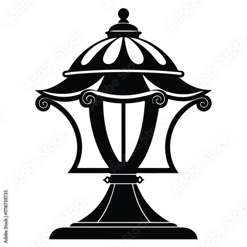 Ornamental Lamp Post Illustration Featuring Decorative Curves and Fluted Dome in Black Silhouette
