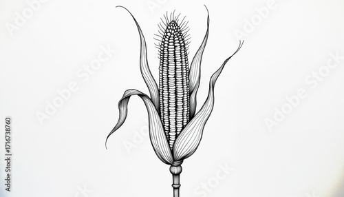 Black and white illustration of corn plant with detailed lines for botanical art and designs
