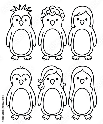 A black and white coloring page featuring adorable penguins delivering letters (with hearts on them) to a polar bear