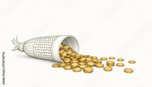 Corn container spilling golden coins for creative projects and financial concepts 