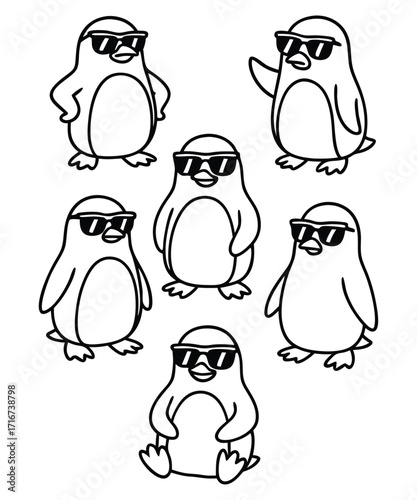 A black and white coloring page featuring adorable penguins delivering letters (with hearts on them) to a polar bear