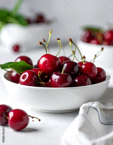Fresh cherries in a white bowl
