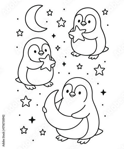A black and white coloring page featuring adorable penguins delivering letters (with hearts on them) to a polar bear