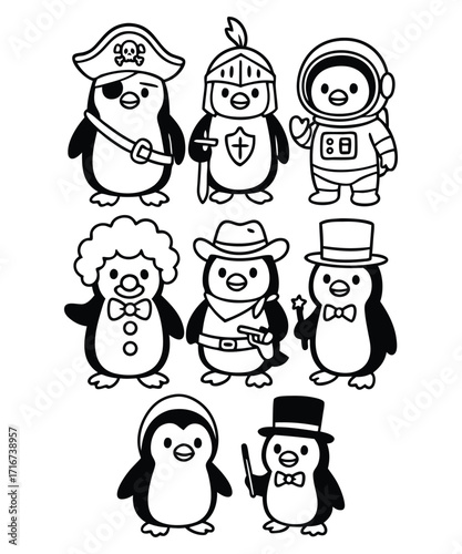 A black and white coloring page featuring adorable penguins delivering letters (with hearts on them) to a polar bear