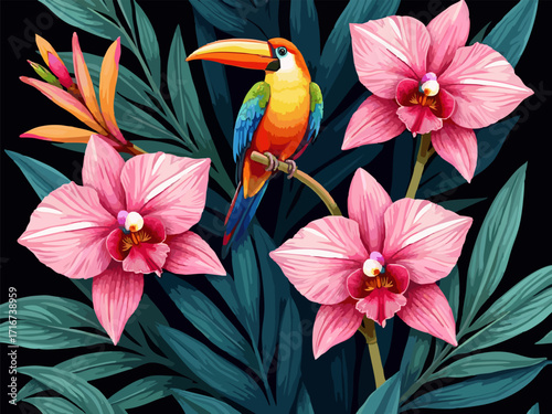 Vector floral pattern with pink orchid flowers, bird,   
leaves isolated on black background. Summer tropical print. Fashionable ornament for paper,
women clothing, fabric, textile, notepad, packaging
