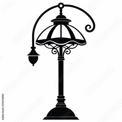 Ornate Black and White Street Lamp Illustration with Elegant Curve and Details