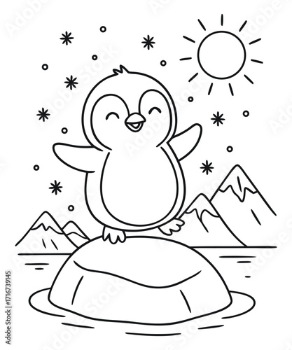A black and white coloring page featuring adorable penguins delivering letters (with hearts on them) to a polar bear