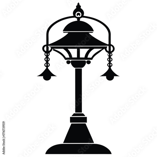 Silhouette Illustration Ornate Vintage Streetlight with Hanging Lamps and Ornamental Details in Black
