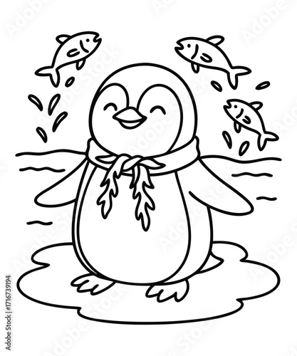A black and white coloring page featuring adorable penguins delivering letters (with hearts on them) to a polar bear