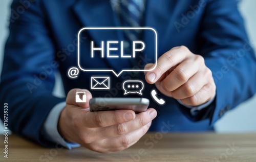 Digital Support at Your Fingertips: A businessperson expertly uses a mobile device with a vibrant help overlay.