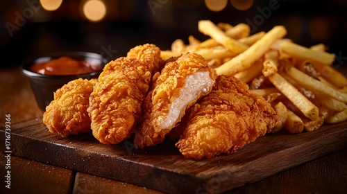 Crispy Chicken Tenders and Fries Close-up Food Photography, Wooden Board Composition, Fast Food Concept, Appetizer Fast food, Chicken tenders