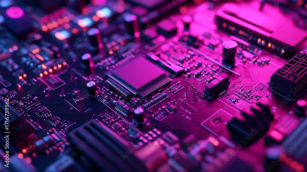 Obraz premium Macro view of a purple and pink illuminated circuit board with microchips technology photo