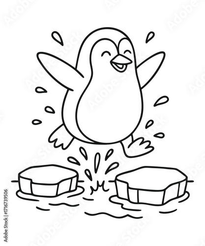 A black and white coloring page featuring adorable penguins delivering letters (with hearts on them) to a polar bear
