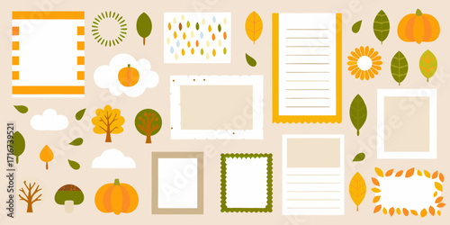 Autumn themed collection of decorative frames leaves pumpkins trees clouds and notes for scrapbooking or journaling