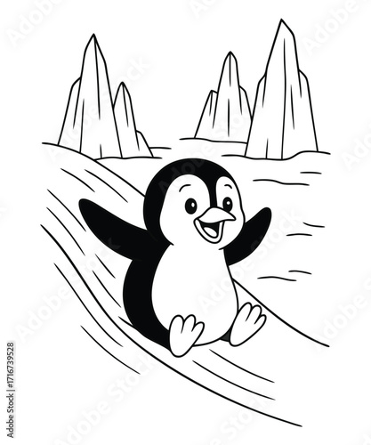 A black and white coloring page featuring adorable penguins delivering letters (with hearts on them) to a polar bear