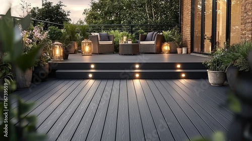 Dark Grey Composite Decking Design Evening Ambiance, Outdoor Patio, Luxury Landscape, , outdoor lighting, composite decking