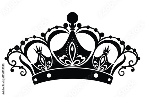 Detailed Black and White Crown Graphic with Ornate Scrollwork and Flourishes Design