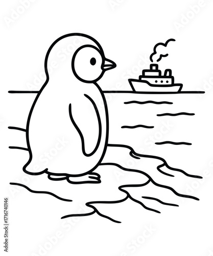 A black and white coloring page featuring adorable penguins delivering letters (with hearts on them) to a polar bear