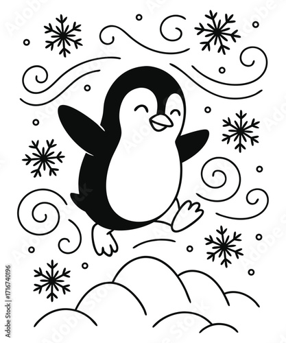 A black and white coloring page featuring adorable penguins delivering letters (with hearts on them) to a polar bear
