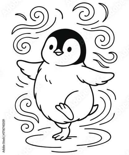 A black and white coloring page featuring adorable penguins delivering letters (with hearts on them) to a polar bear