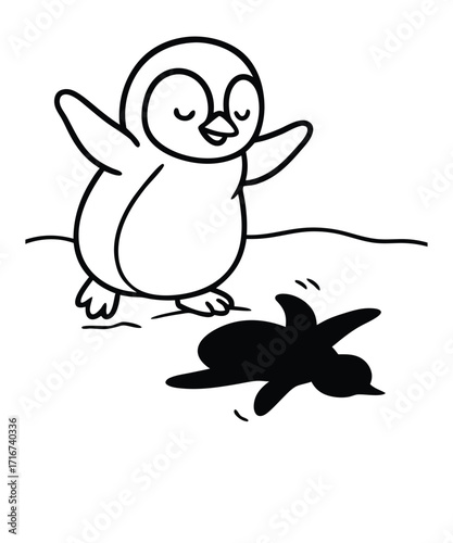 A black and white coloring page featuring adorable penguins delivering letters (with hearts on them) to a polar bear