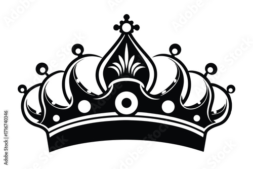 Black and White Ornate Crown with Circular and Floral Elements Vector Illustration