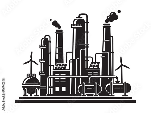 Modern oil refinery, black factory silhouette on a transparent background, vector stencil