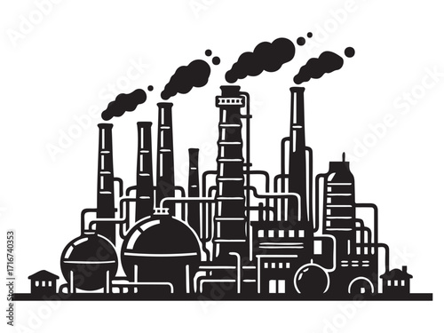 Oil refinery, harmful emissions into the atmosphere, black silhouette of a factory on a transparent background, vector stencil