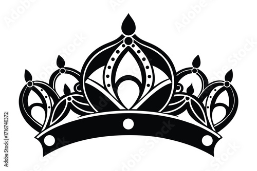 Stylized Black and White Crown Illustration with Intricate Details and Circular Accents