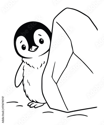 A black and white coloring page featuring adorable penguins delivering letters (with hearts on them) to a polar bear
