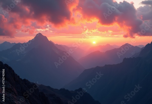breathtaking majesty mountains under dramatic sunset skies vibrant colors wilderness scenic beauty, sky, nature, peak, landscape, silhouette, outdoors
