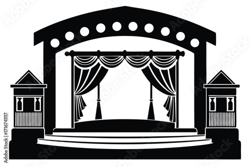 Silhouette of a Stage with Curtains and Balconies, Simple Black and White Art