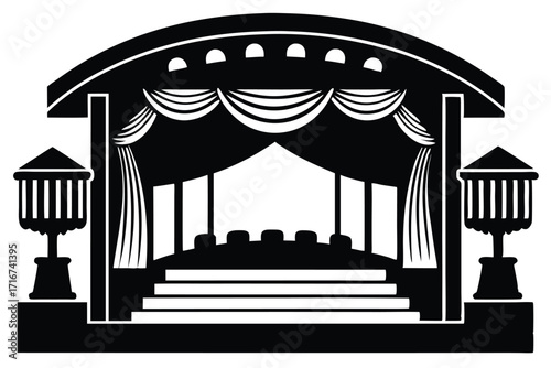 Monochrome illustration of a stage with steps, curtains, and flanking lanterns
