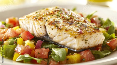 Grilled Halibut with Summer Salsa Close-up Food Photography, Recipe, Seafood Dish Halibut, Summer Salsa
