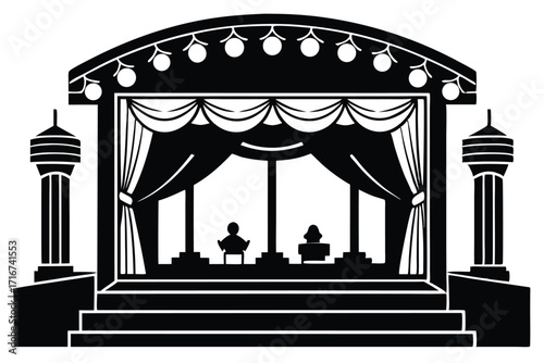 Black and White Silhouette of an Auditorium Stage with Curtains and Columns