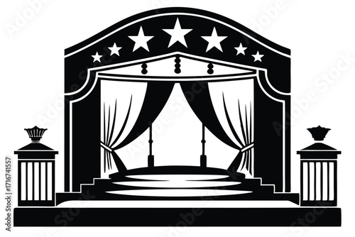 Elegant Black and White Illustration of a Theatre Stage with Curtains and Stars