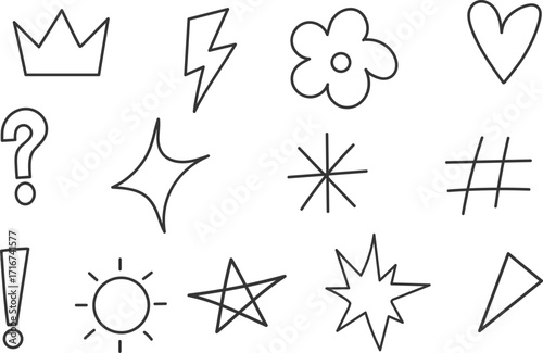 Hand drawn doodle icons crown heart flower star lightning bolt question mark exclamation point sun hashtag shapes
